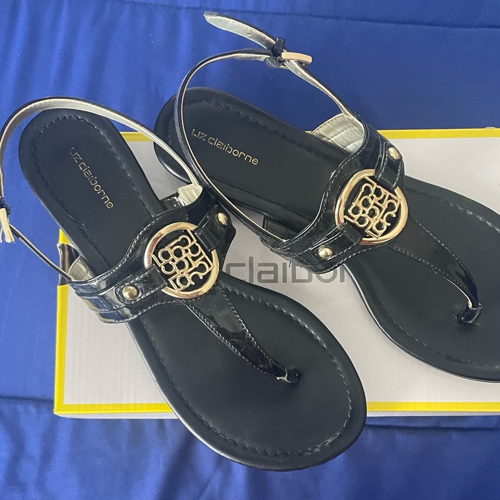 Liz Claiborne Black Sandals with Gold Accents. NIB